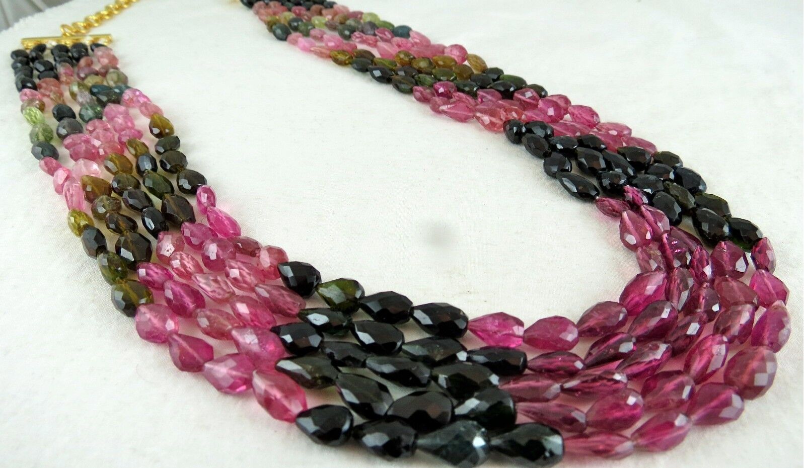 NATURAL MULTI TOURMALINE BEADS FACETED TEARDROPS 5 LINE 560CTS GEMSTONE NECKLACE