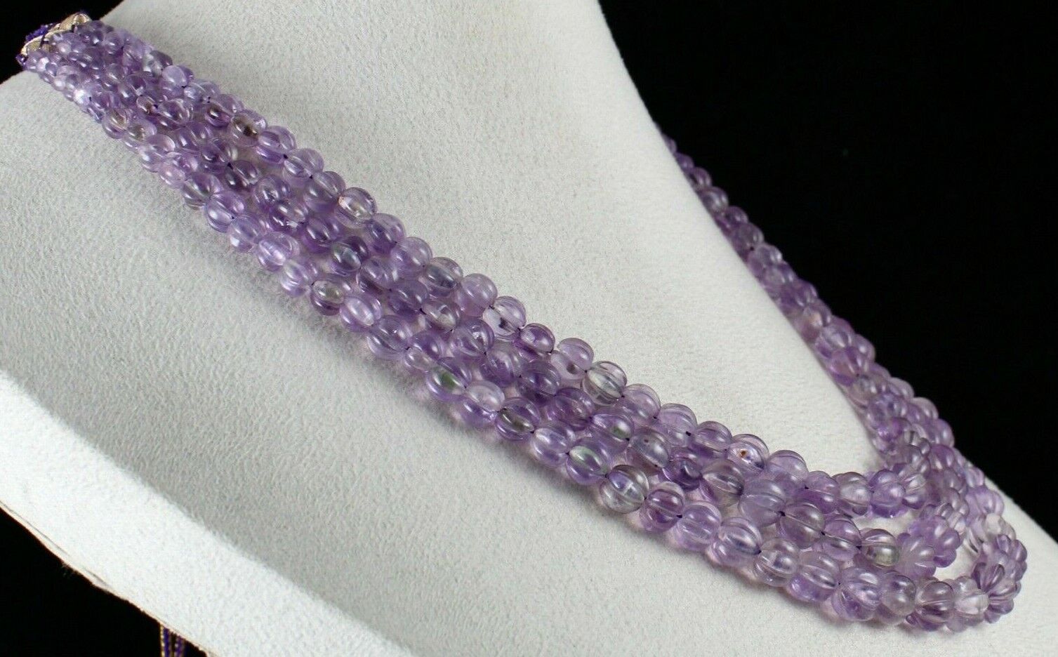 ANTIQUE NATURAL AMETHYST BEADS CARVED MELON 3 LINE 583 CARATS GEMSTONE NECKLACE