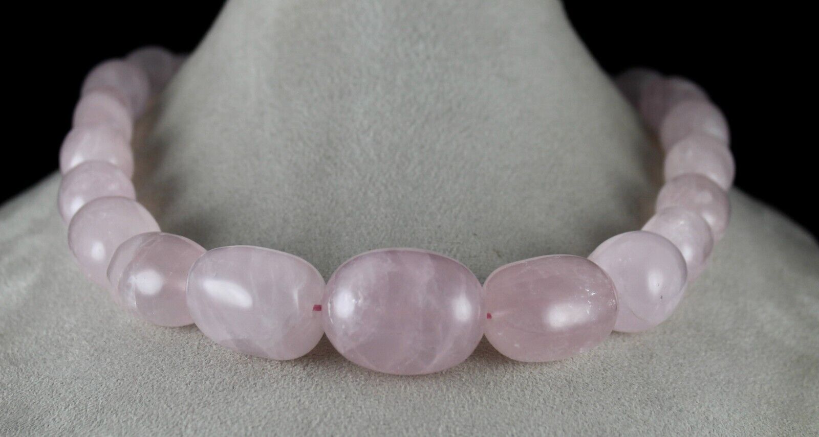 34MM NATURAL ROSE QUARTZ BEADS LONG CABOCHON 1642 CTS GEMSTONE SILVER NECKLACE