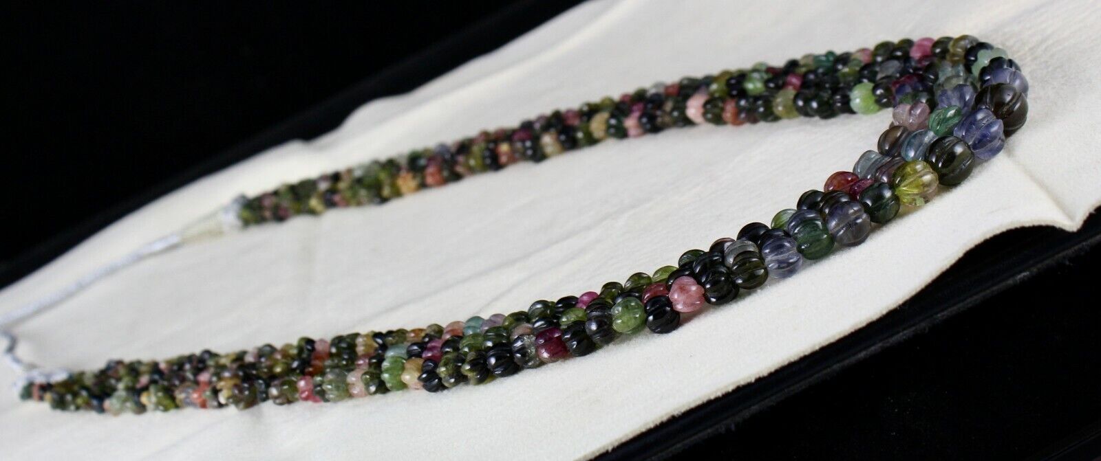 NATURAL MULTI TOURMALINE BEADS CARVED MELON 3 LINE 390 CARATS GEMSTONE NECKLACE