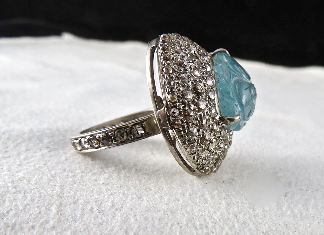 Antique Natural Blue Aquamarine Carved Diamond Gemstone Silver Victorian Ring