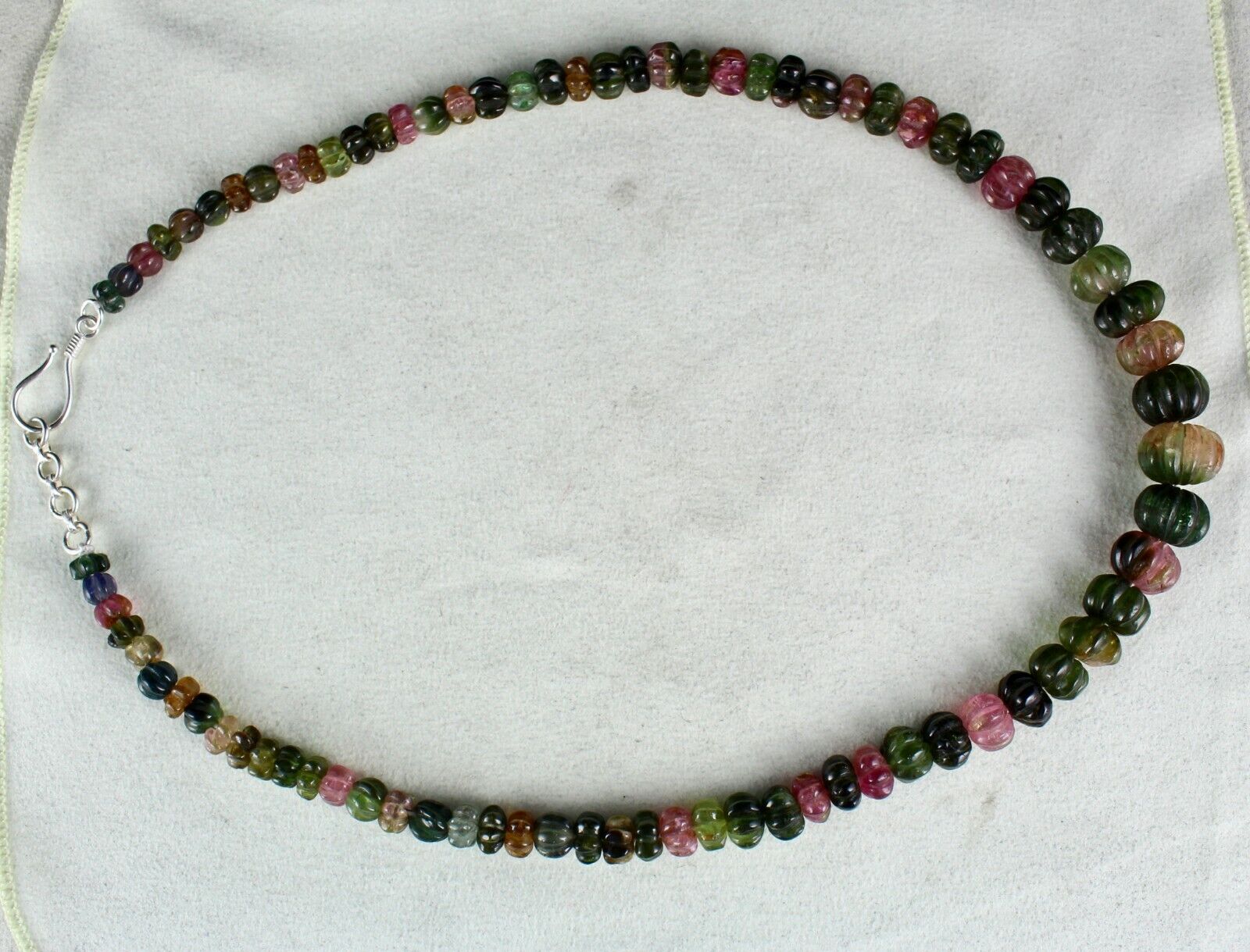 NATURAL MULTI TOURMALINE BEADS MELON CARVED 353 CARATS GEMSTONE SILVER NECKLACE