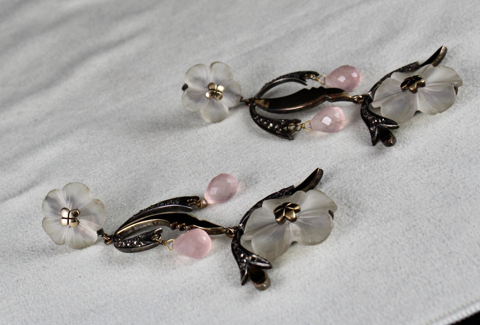 Natural Crystal & Rose Quartz 162.5ct Diamond 18k Gold Sterling Silver Earring