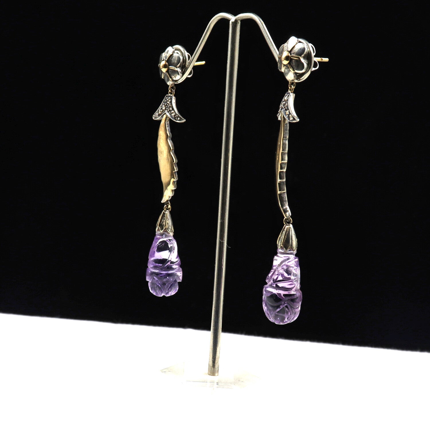 Victorian 18k Gold & 925 Sterling Silver Amethyst 10ct Natural Diamond Earring