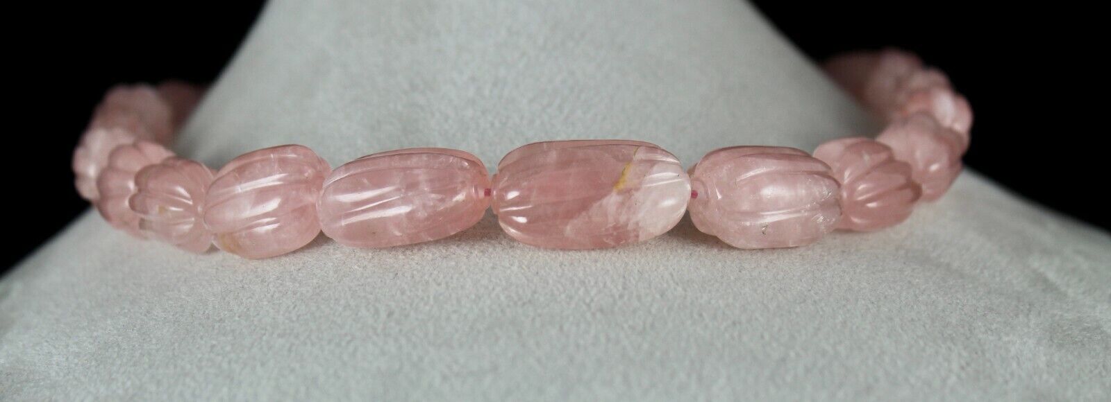 NATURAL ROSE QUARTZ MELON CARVED LONG BEADS 903 CARATS GEMSTONE SILVER NECKLACE