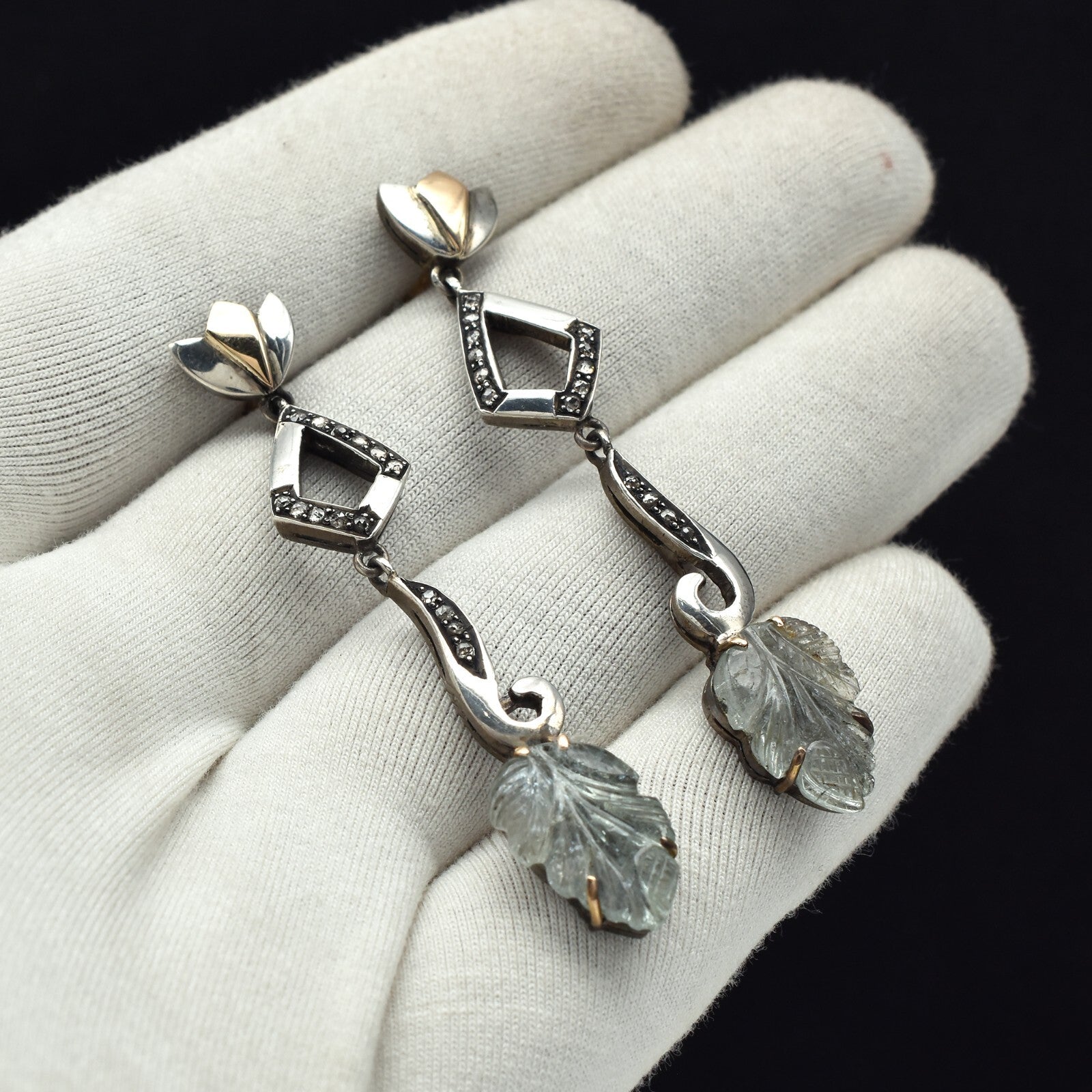 Natural Blue Tourmaline 10ct Carved Natural Diamond 18k Gold 925 Silver Earrings