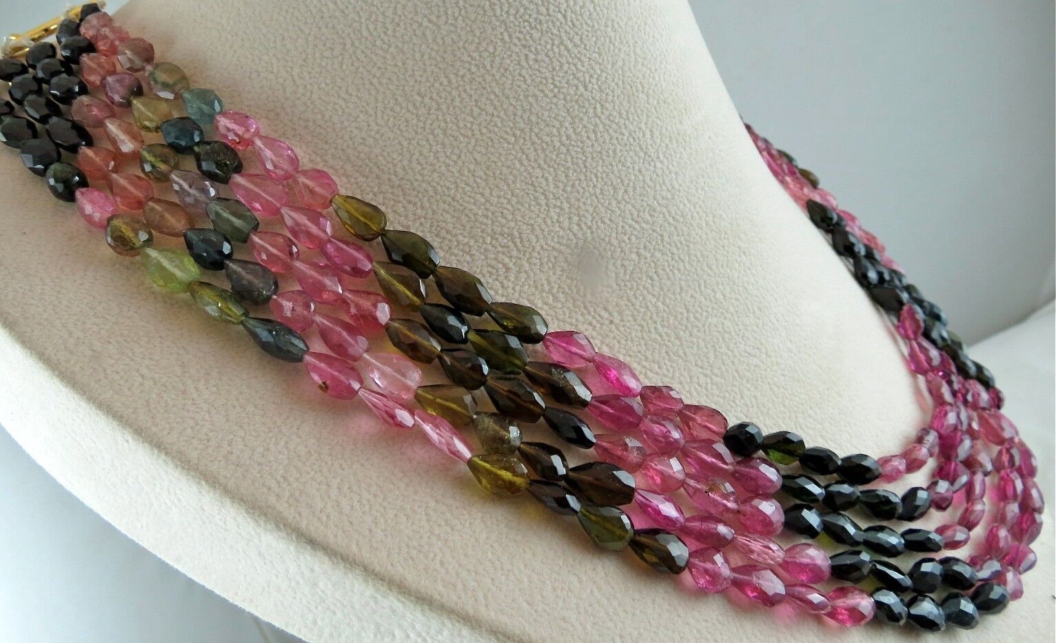 NATURAL MULTI TOURMALINE BEADS FACETED TEARDROPS 5 LINE 560CTS GEMSTONE NECKLACE