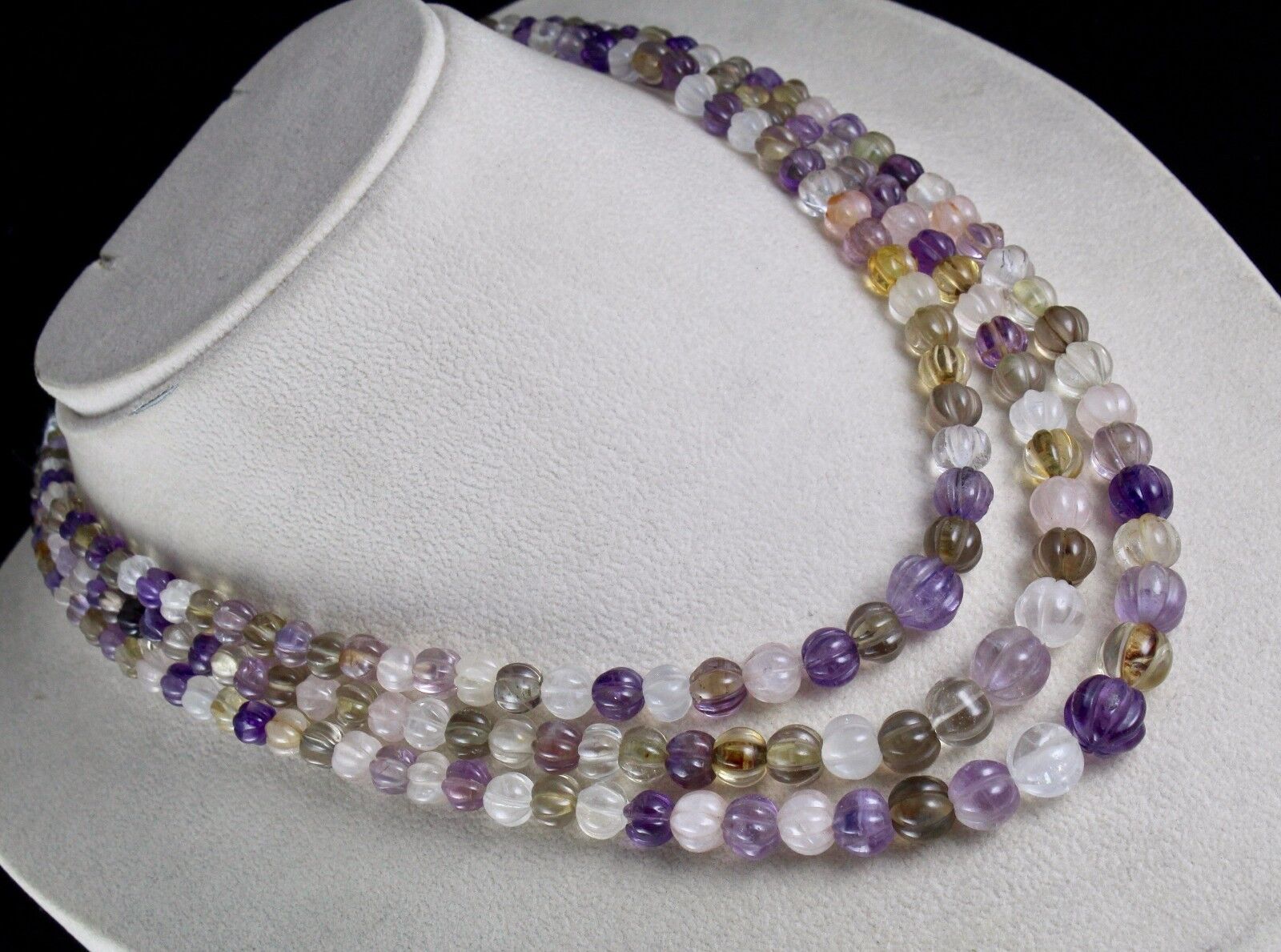 MULTI MIX CARVED SEMI-PRECIOUS BEADS 3 LINE 498 CARATS GEMSTONE FASHION NECKLACE