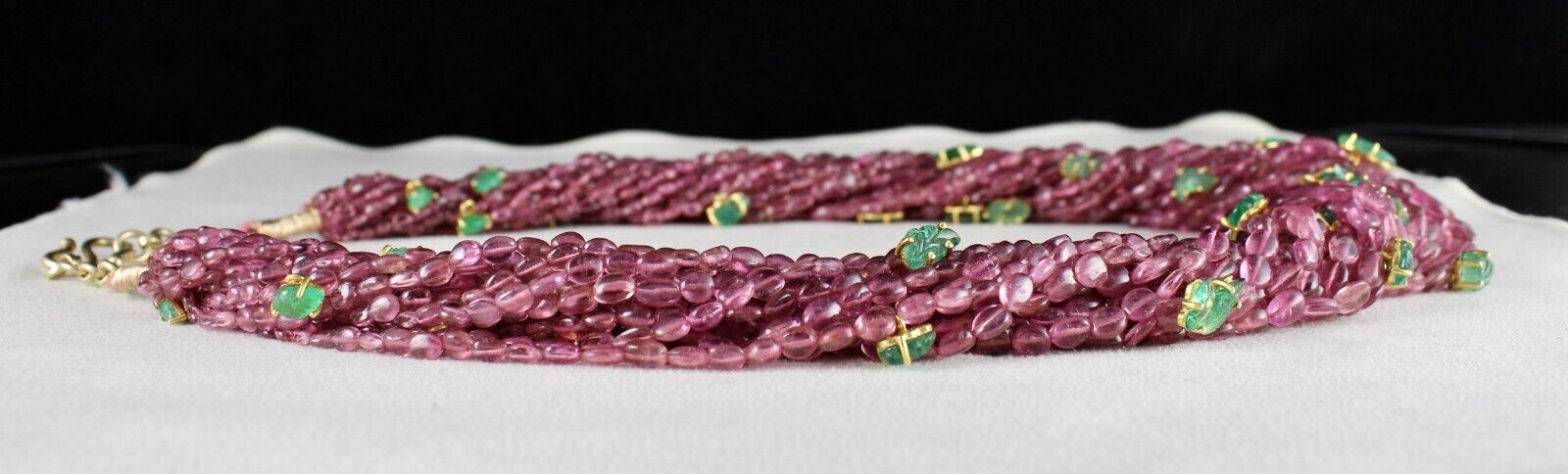 NATURAL PINK TOURMALINE BEADS EMERALD LEAVES 892 CT SILVER STATEMENT NECKLACE