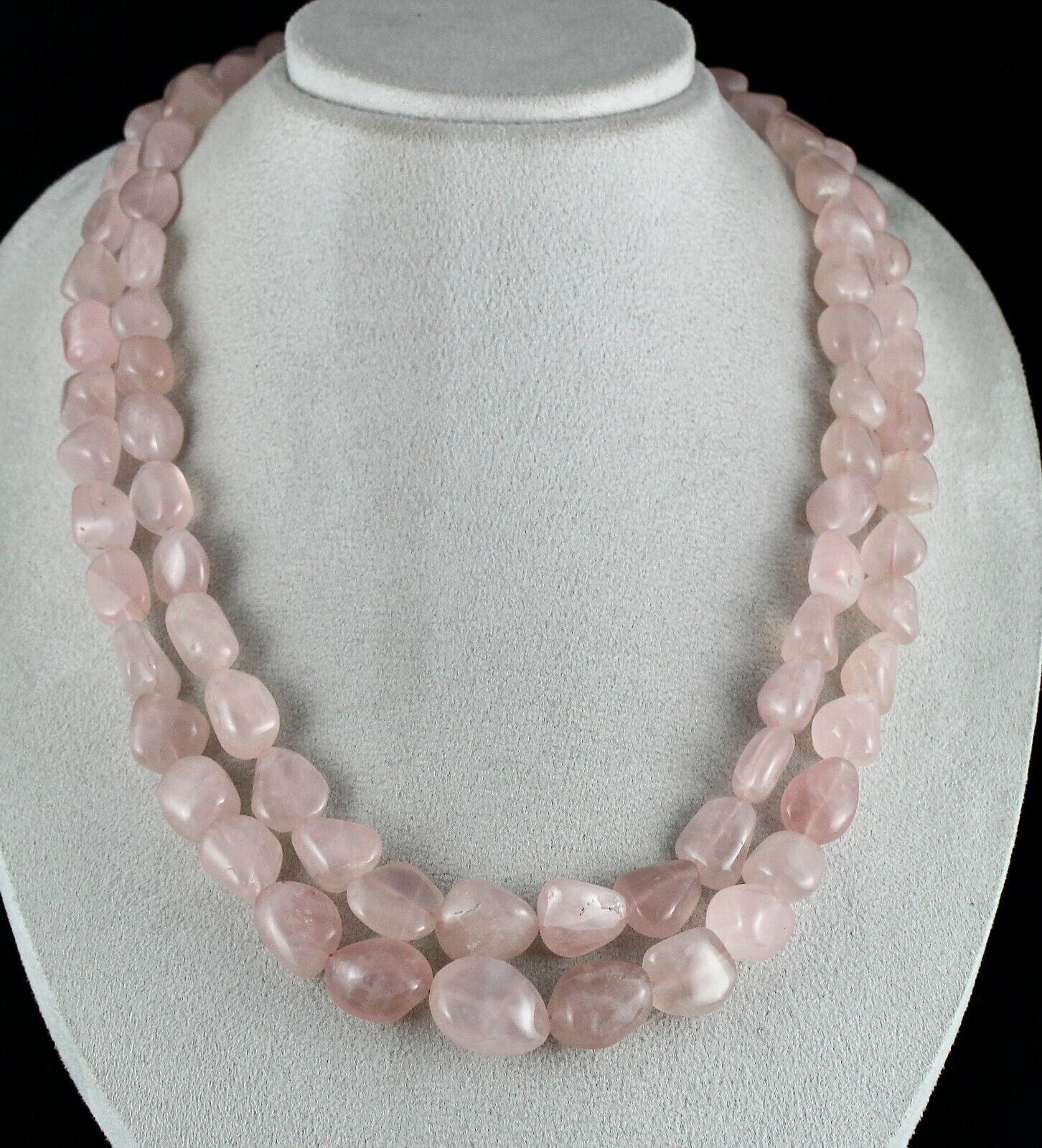 Natural Rose Quartz Beaded Necklace 2 Line 1109 Carats Nuggets Gemstone Strings