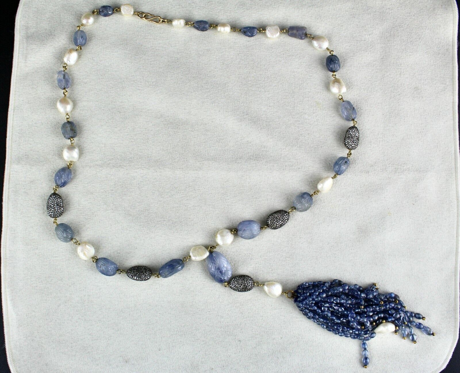 NATURAL BLUE SAPPHIRE BEADS CARVED PEARL STONE DIAMOND 14KGOLD FASHION NECKLACE