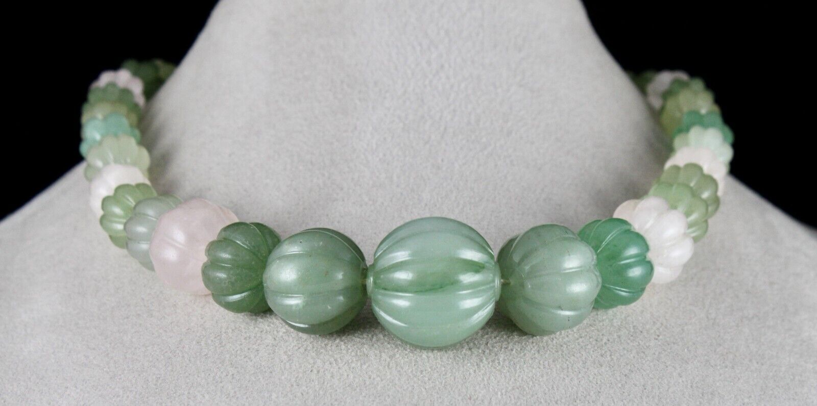 NATURAL INDIAN JADE ROSE QUARTZ MELON CARVED BEADS 854 CTS STONE SILVER NECKLACE