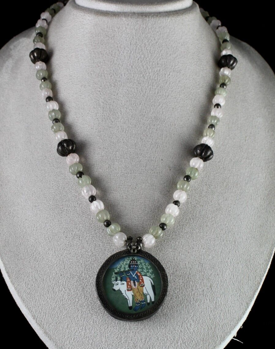 Old Krishna Painting Silver Pendant Rose Quartz Jade Carved Stone Beads Necklace