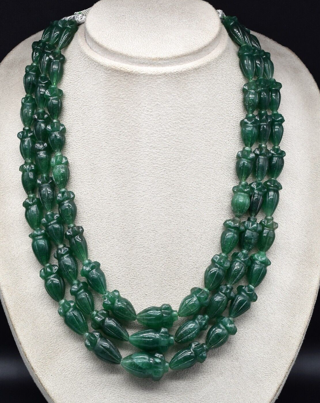 Certified Natural Green Quartz 1247 Ct Engraved Beaded Necklace 3 Line Jewelry