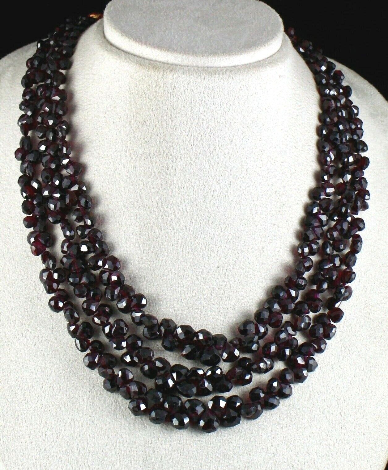 NATURAL GARNET BEADS TEAR DROPS FACETED 3 LINE 866 GEMSTONE FASHION NECKLACE 