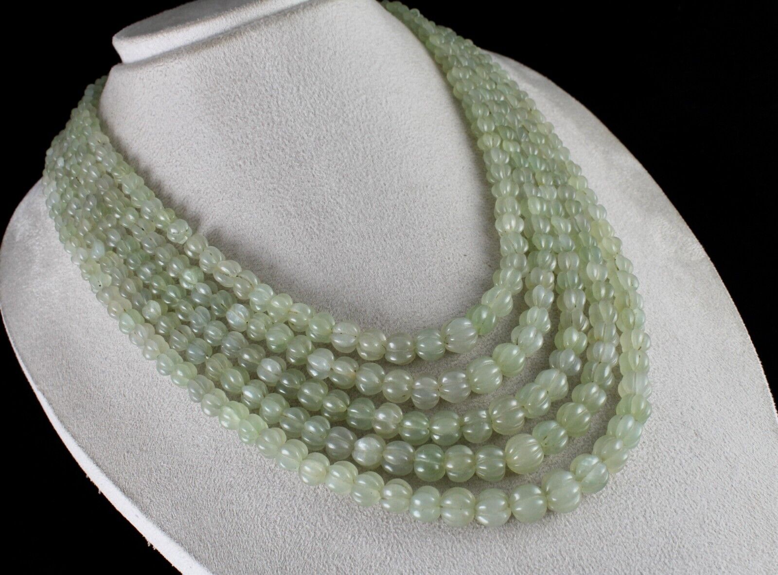 NATURAL INDIAN JADE CARVED MELON BEADS 5 L 1012 CARATS GEMSTONE FASHION NECKLACE