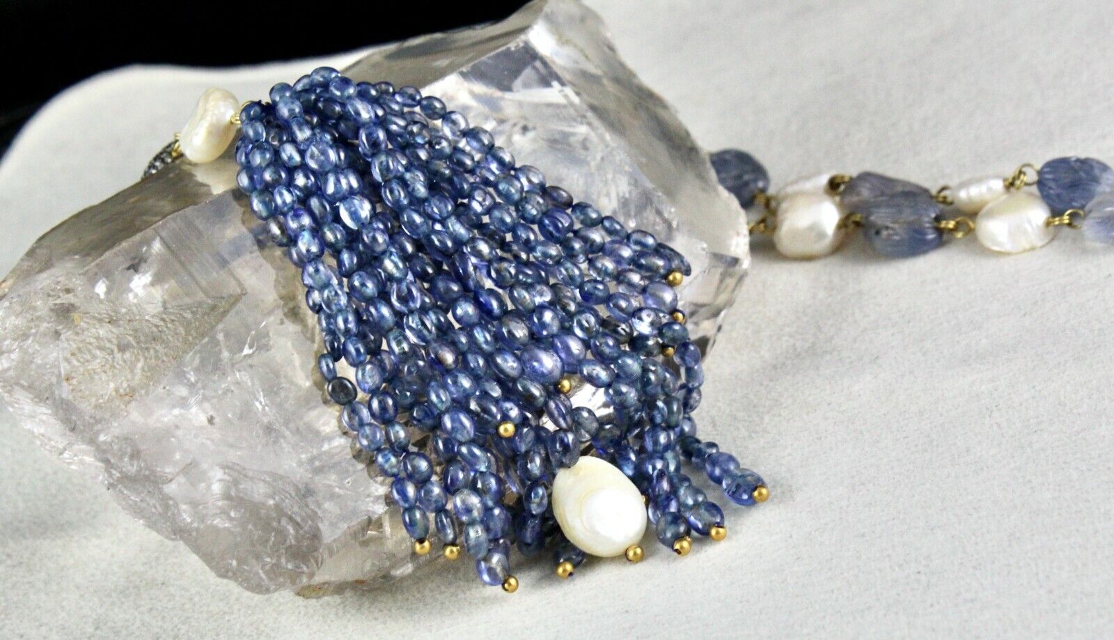 NATURAL BLUE SAPPHIRE BEADS CARVED PEARL STONE DIAMOND 14KGOLD FASHION NECKLACE