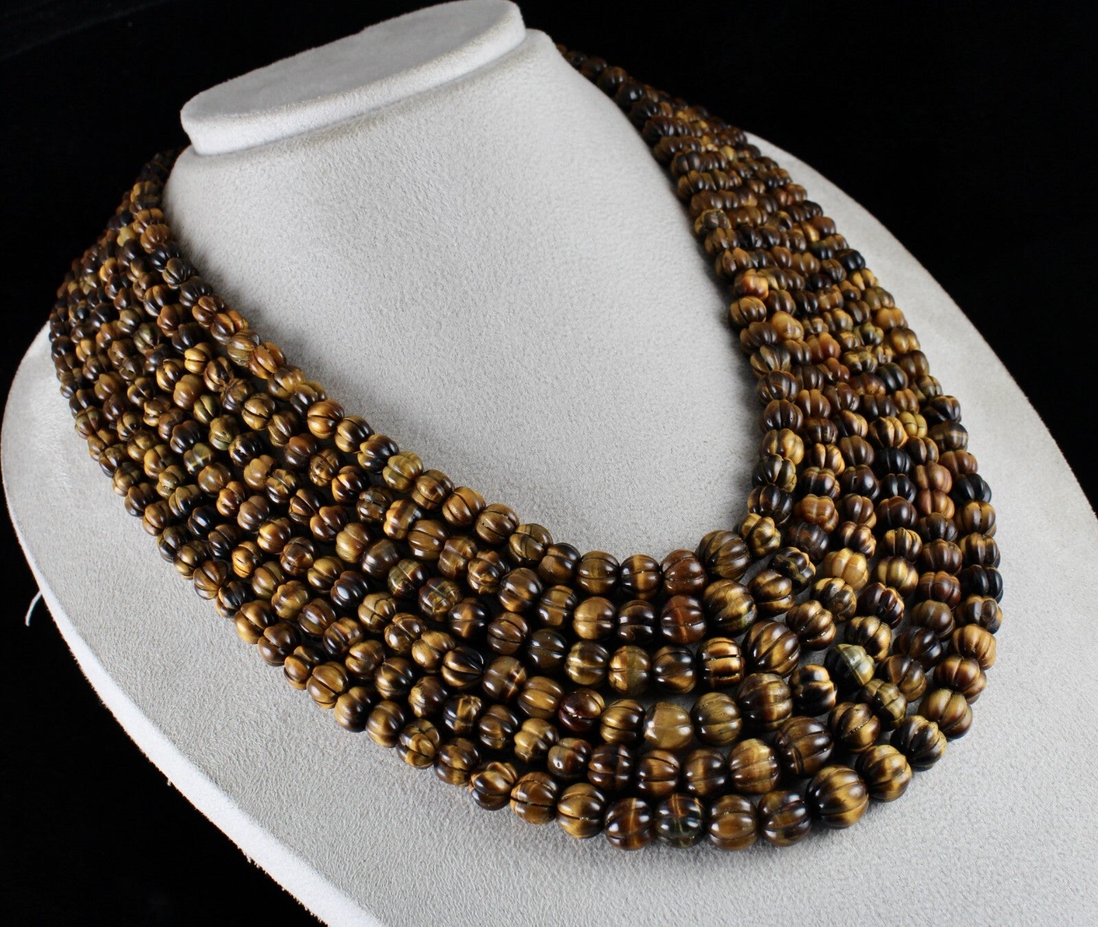 Antique Ladies Natural Tiger Eye Beads Carved Necklace 1566ct Gemstone 6 Line