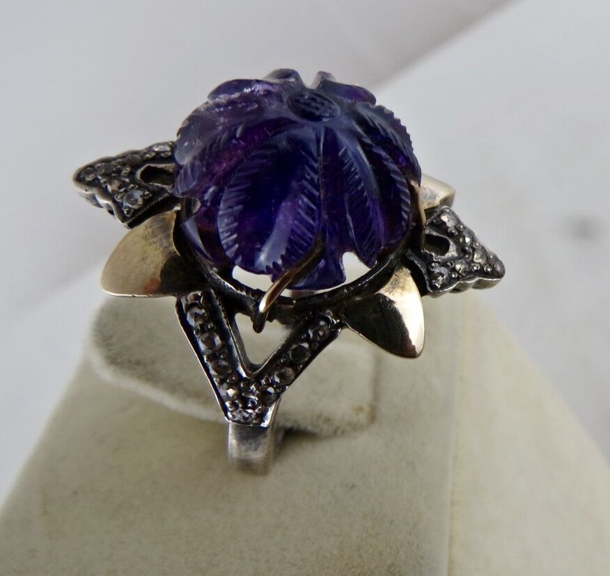 Antique Natural Amethyst Carved Diamond 18K Gold 925 Silver Victorian Ring