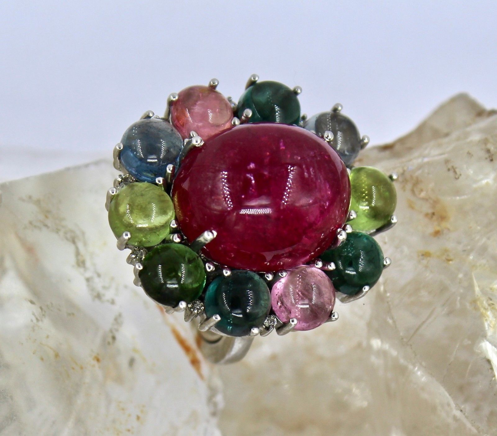 MULTI WATERMELON TOURMALINE CABOCHON DIAMOND 925 SILVER LADIES COCKTAIL RING