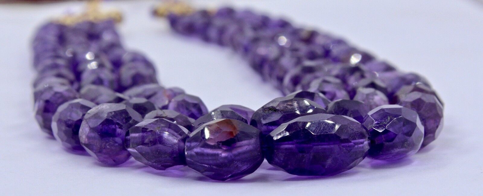 NATURAL AMETHYST BEADS FACETED OVAL CABOCHON 3 LINE 712 CTS GEMSTONE NECKLACE