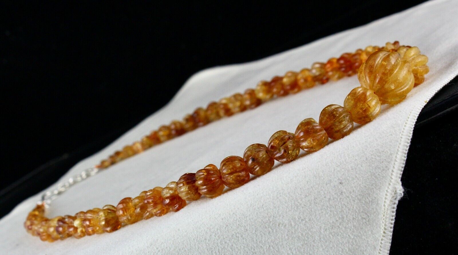 Natural Citrine Carved Beaded Necklace 390 Carats Round Gemstone Silver Clasp