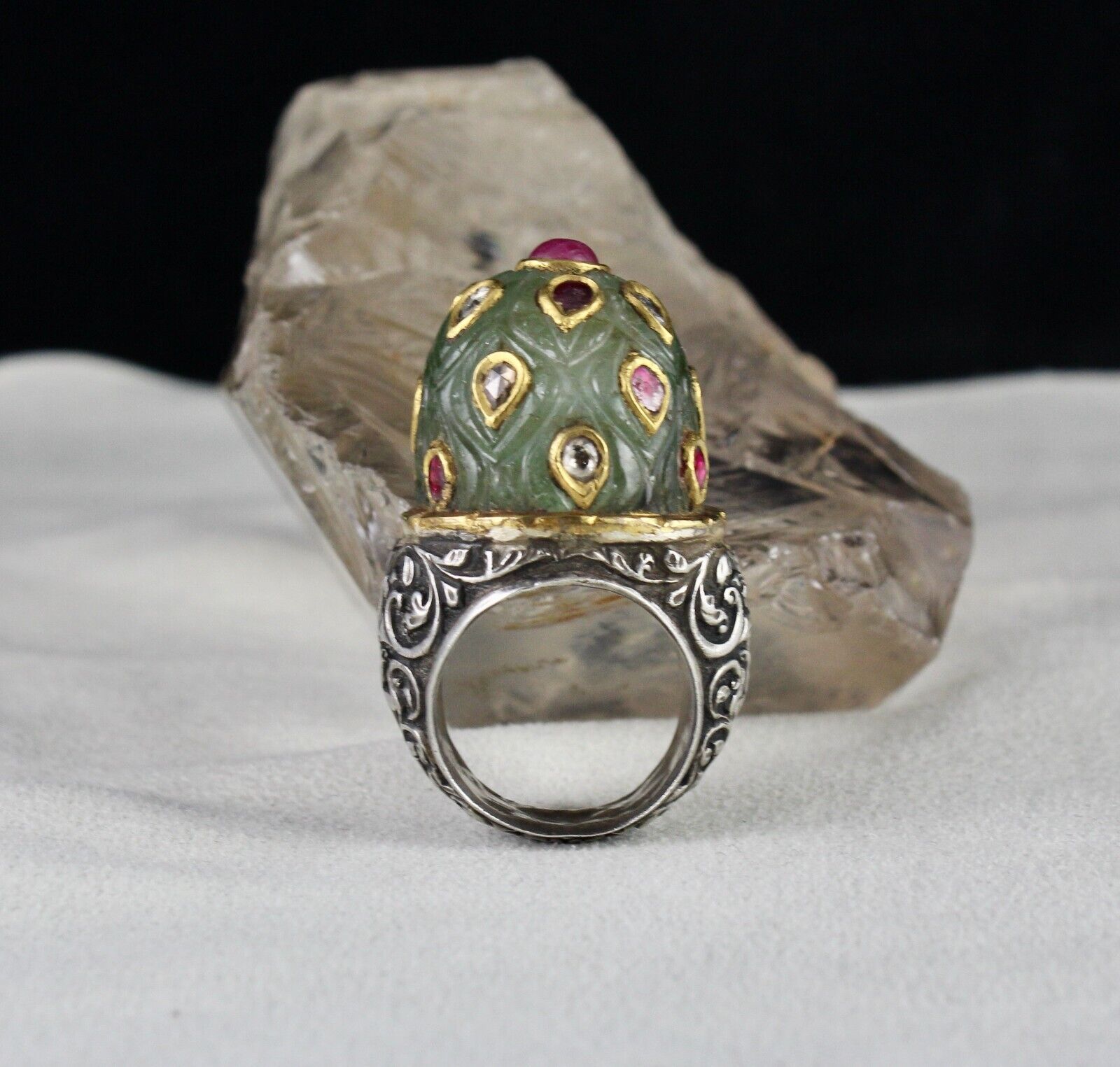 ANTIQUE COLOMBIAN EMERALD CARVED RUBY DIAMOND GOLD JADAU LADIES 925 SILVER RING