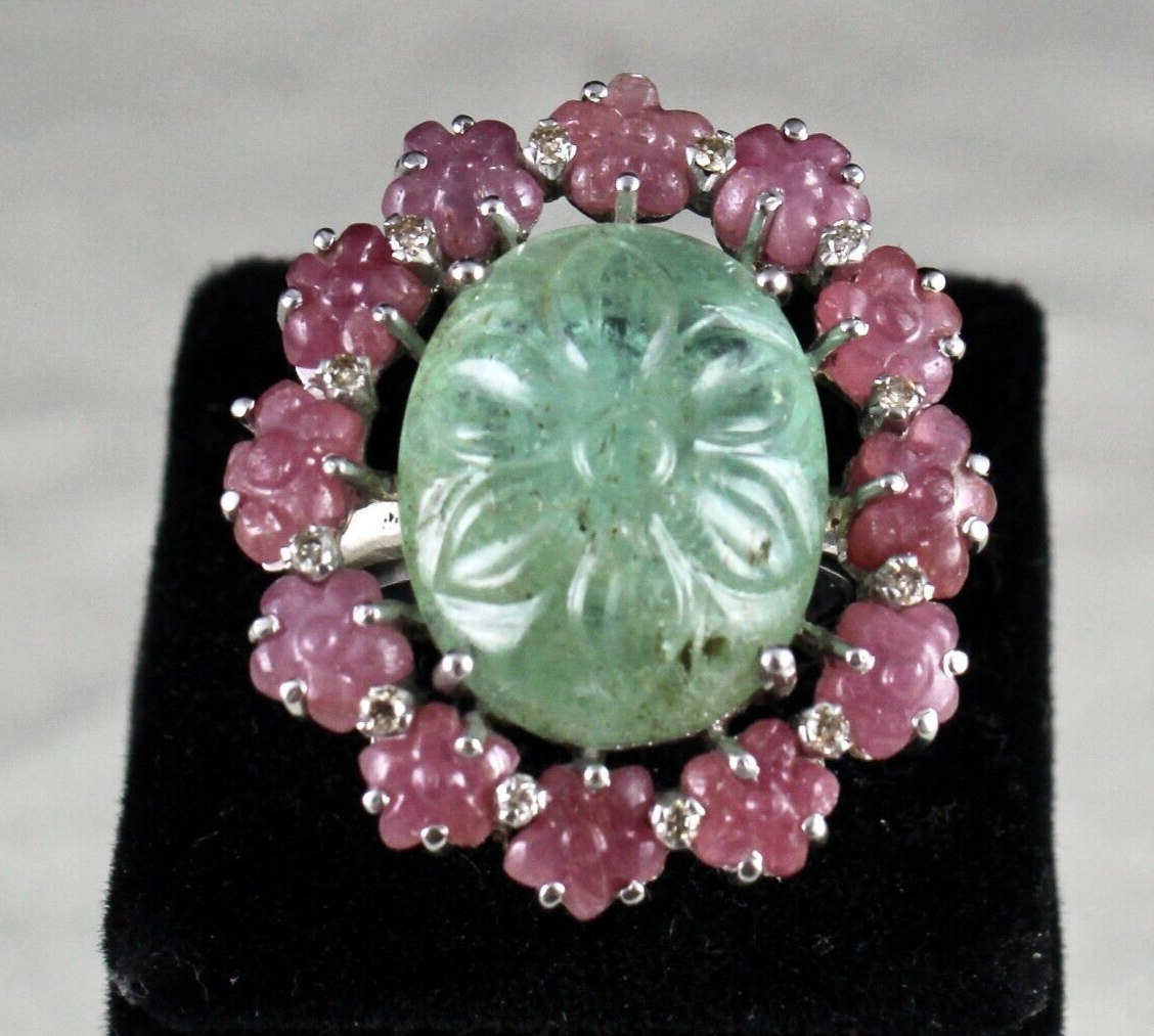 Antique Natural Emerald Ruby Carved Gemstone Diamond Silver Big Cocktail Ring