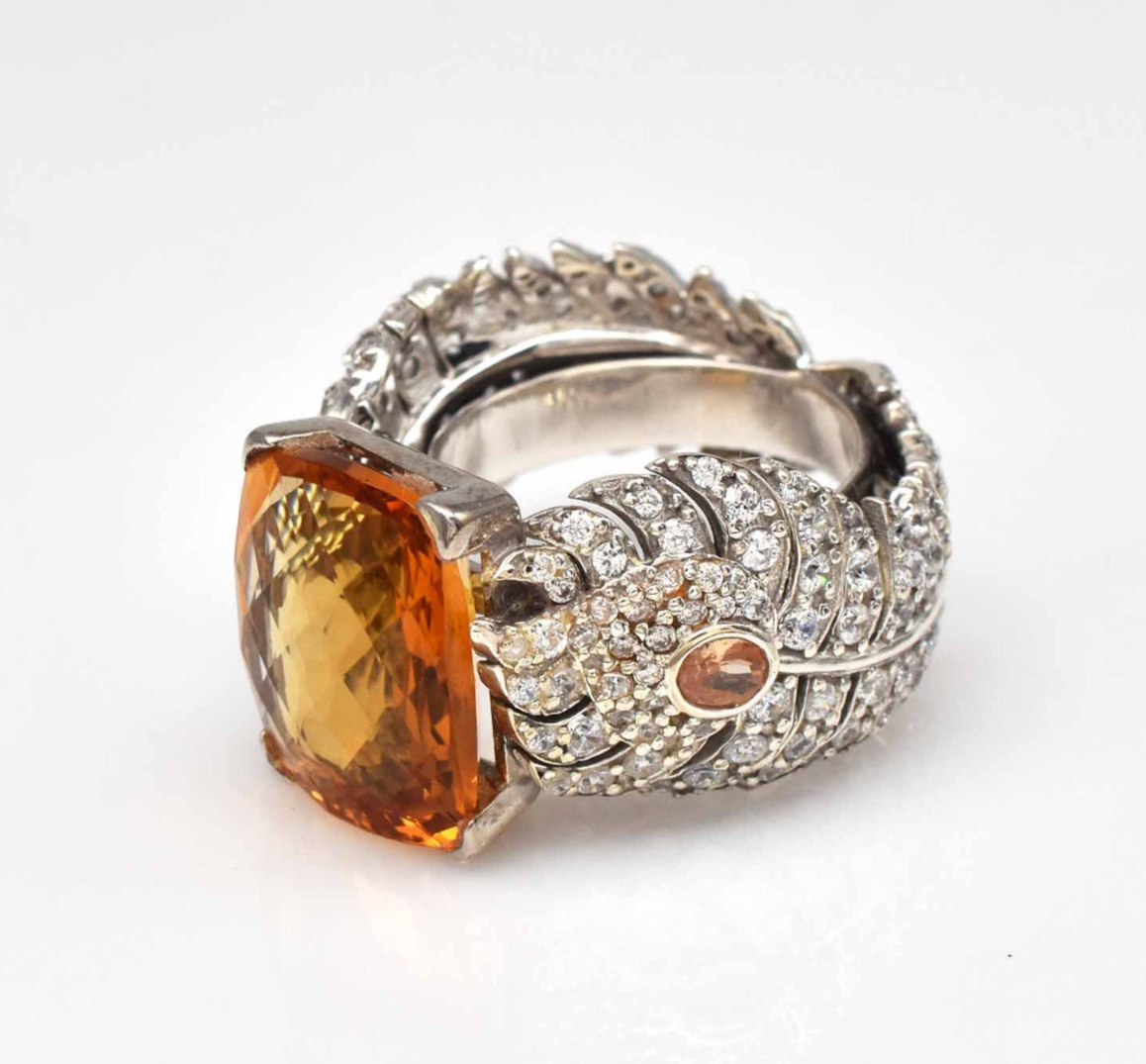 Natural Yellow Citrine Cushion Cubic Zirconia Top Gemstone Silver Cocktail Ring