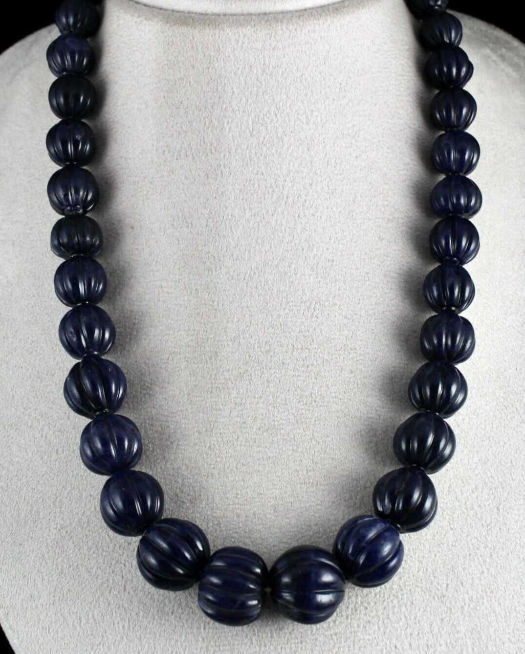 NATURAL BLUE JADE BEADS CARVED ROUND GEMSTONE 1 LINE 1001 CARATS SILVER NECKLACE