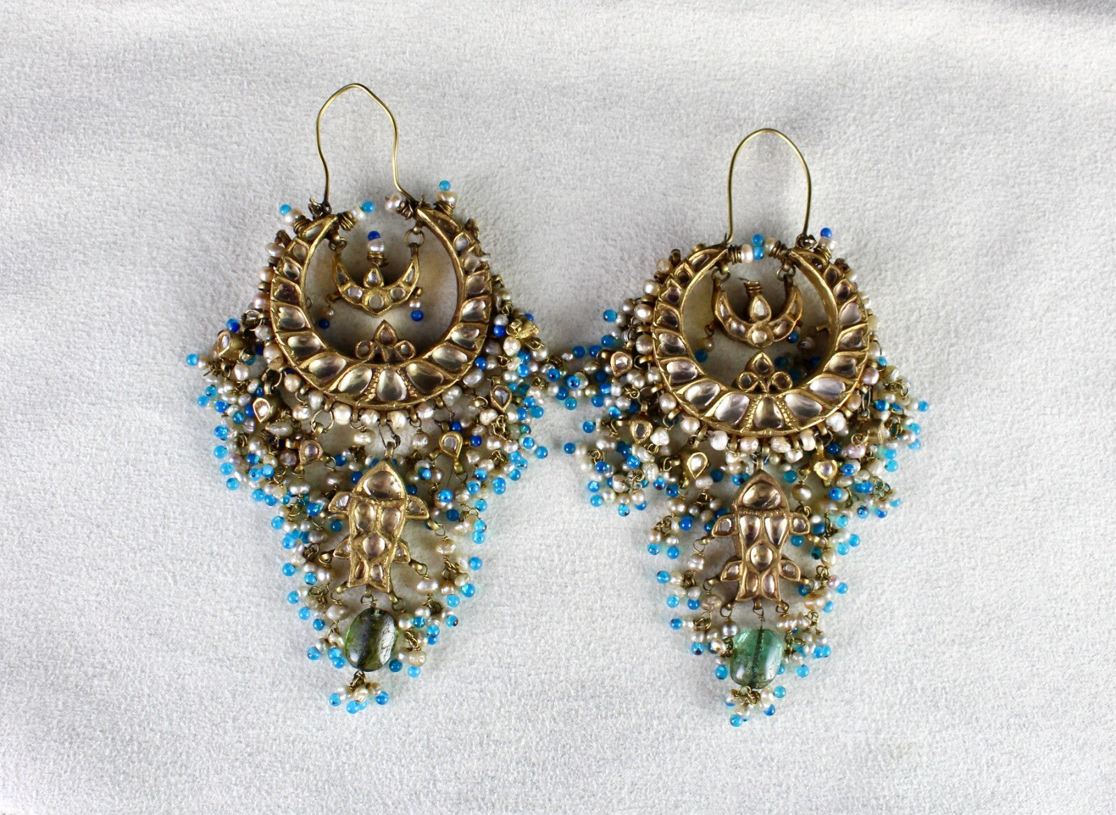 Certified Antique Jadau Chandbali Earrings 22k Gold Gemstone Pearl 10ct Dangle