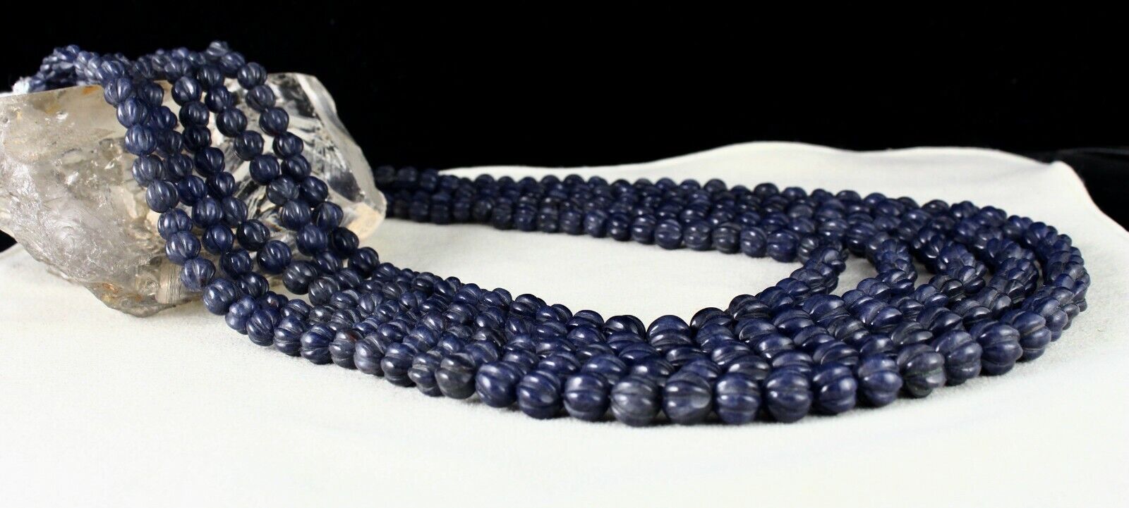 NATURAL BLUE JADE BEADS CARVED ROUND GEMSTONE 5 LINE 1217 CTS FASHION NECKLACE