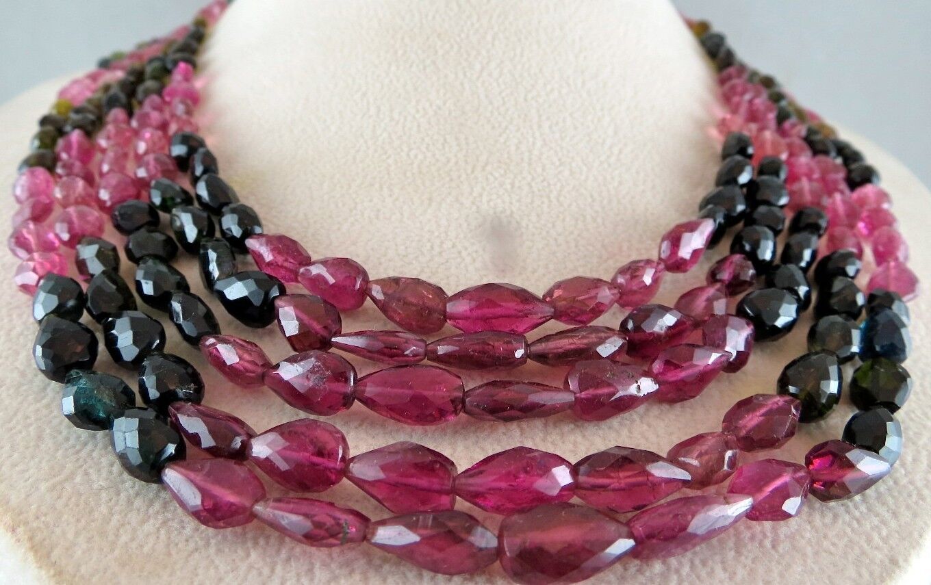 NATURAL MULTI TOURMALINE BEADS FACETED TEARDROPS 5 LINE 560CTS GEMSTONE NECKLACE