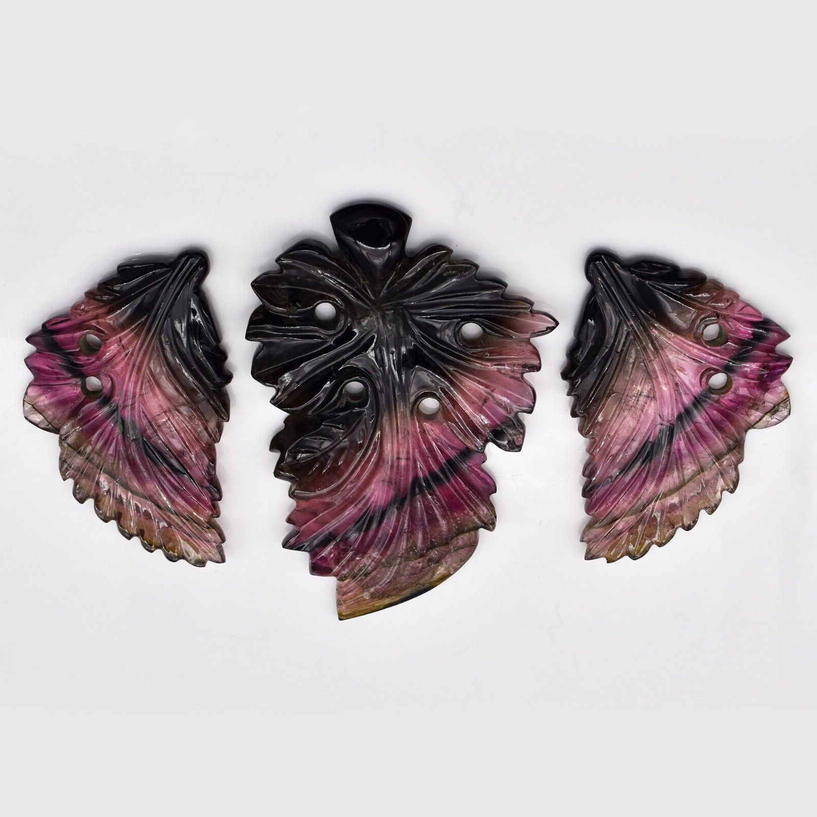 Natural Multi Tourmaline Engraved Leaves 3 Pc 216 Ct Gemstone Earring Pendant