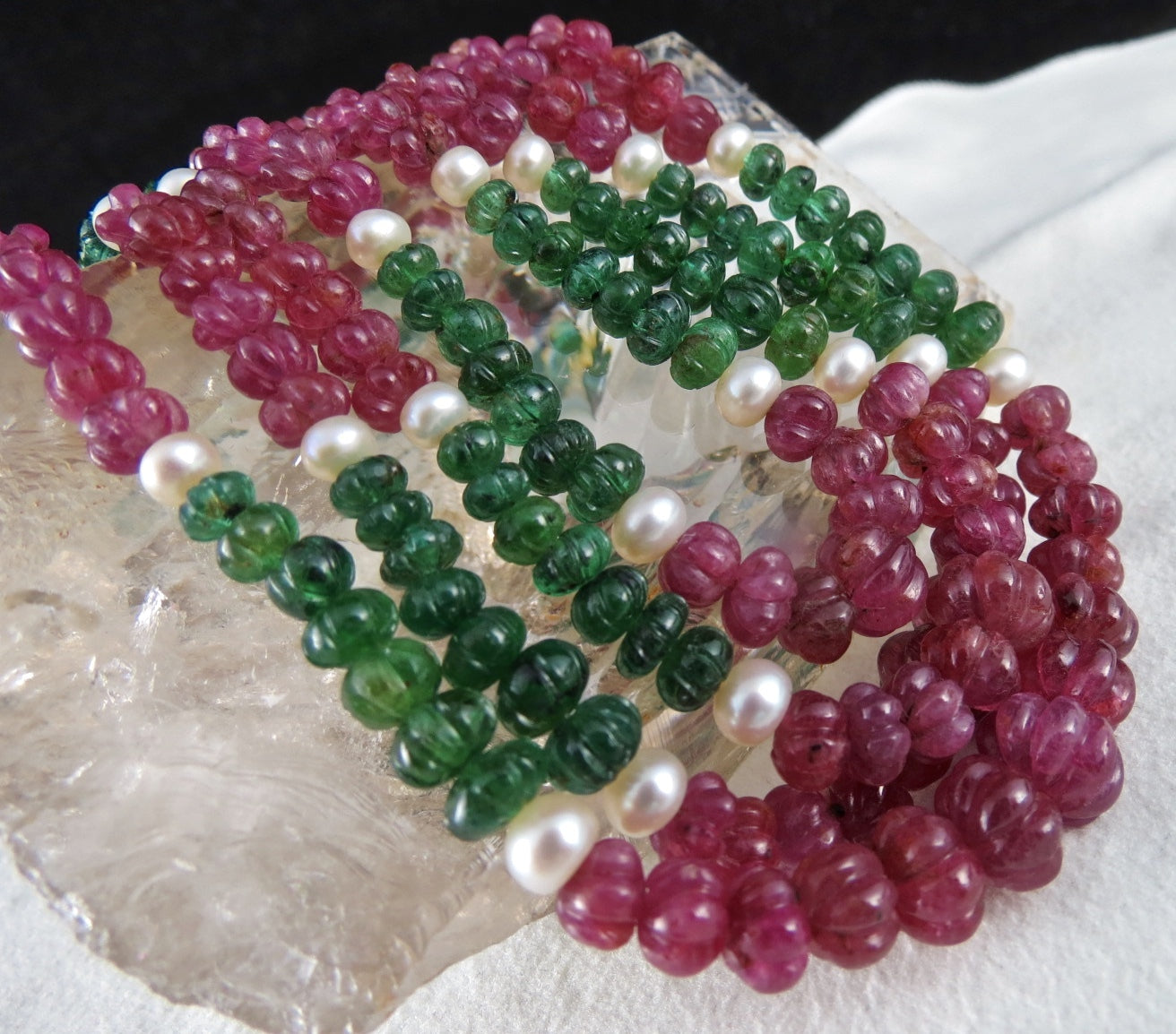 Certified Natural Ruby 368 Ct Emerald Melon Carved Pearl Antique Necklace