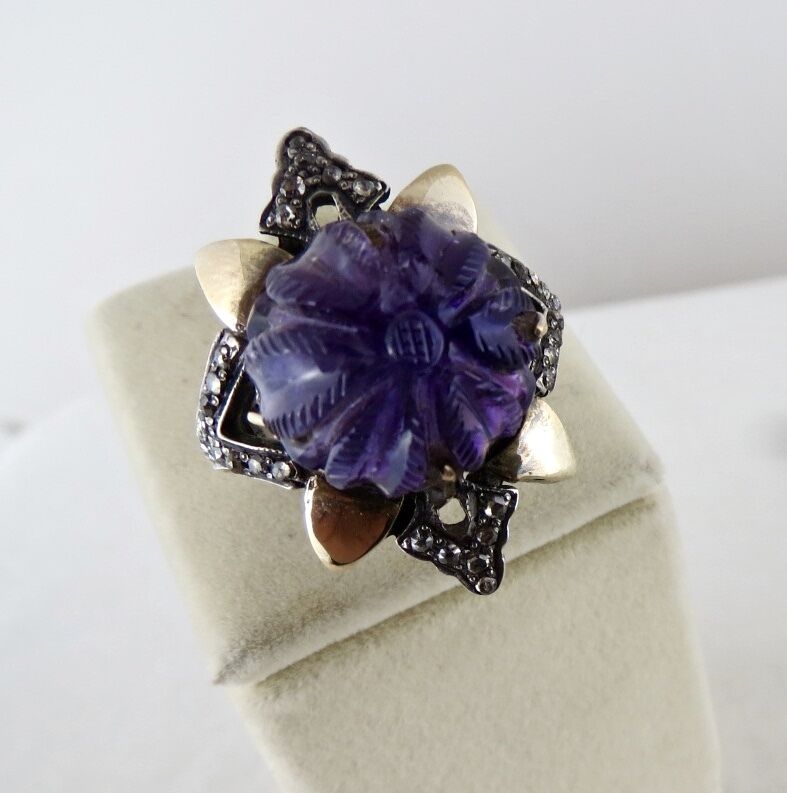 Antique Natural Amethyst Carved Diamond 18K Gold 925 Silver Victorian Ring