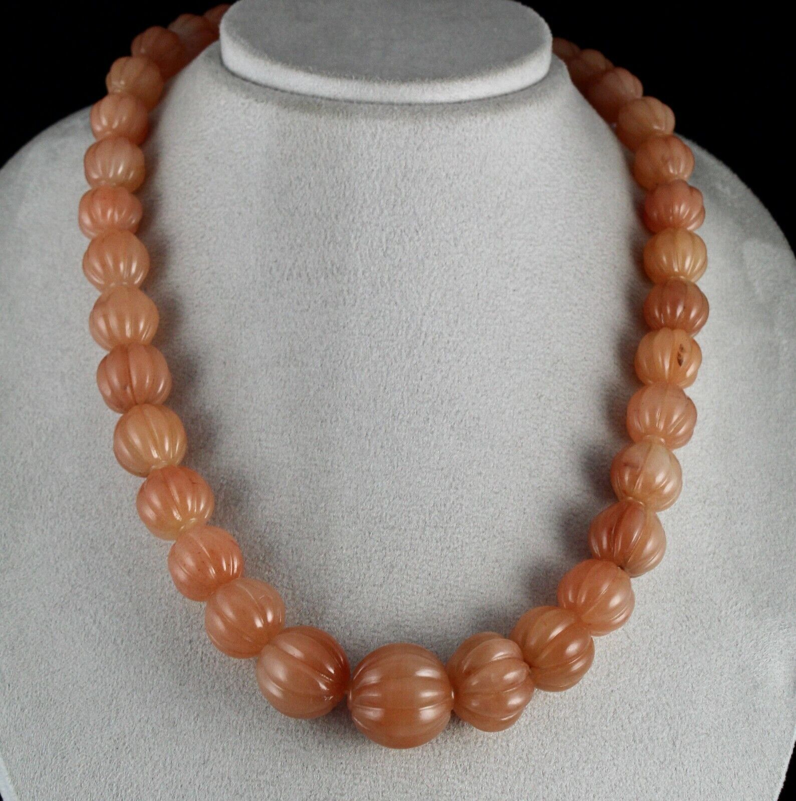 Natural Orange Quartz Carved Melon Beaded Necklace 1072 Carat Stone Silver Clasp