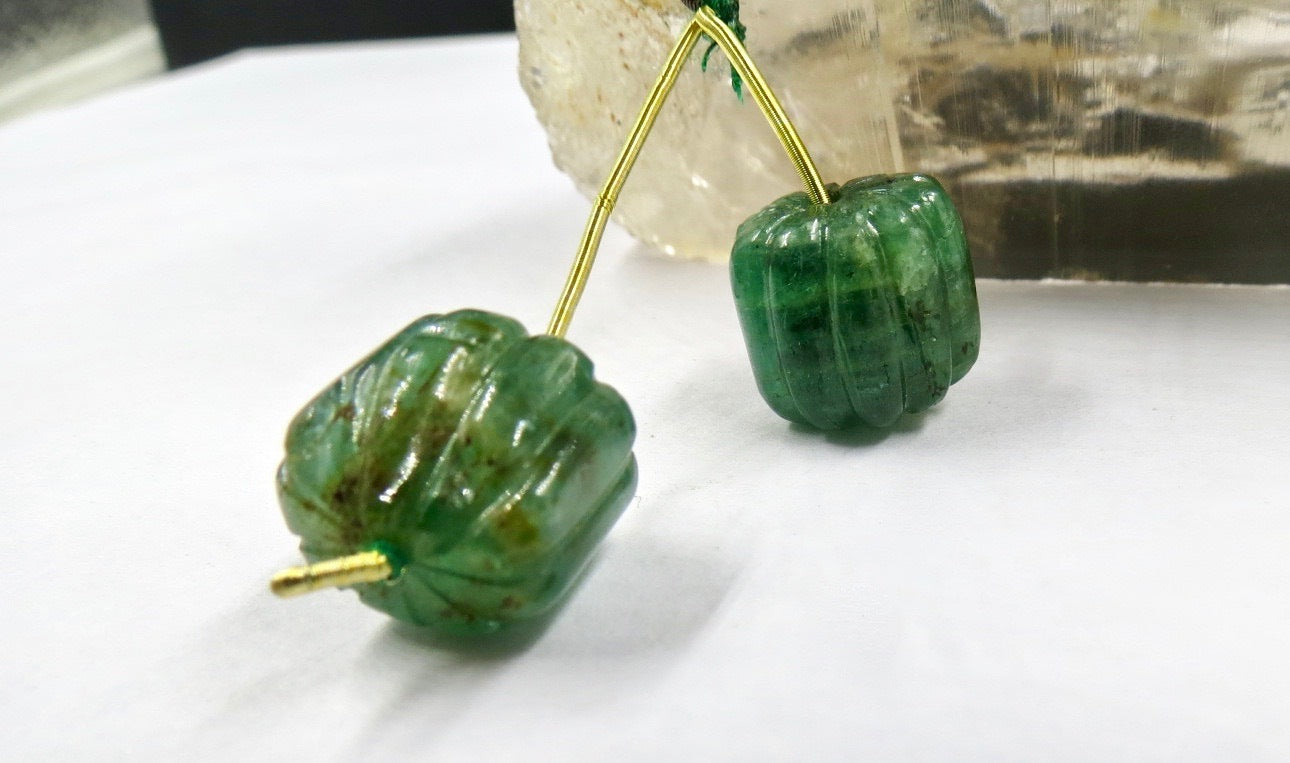 Certified 13mm Natural Emerald Carved Gemstone Bead Pair 36 Ct Earring Design