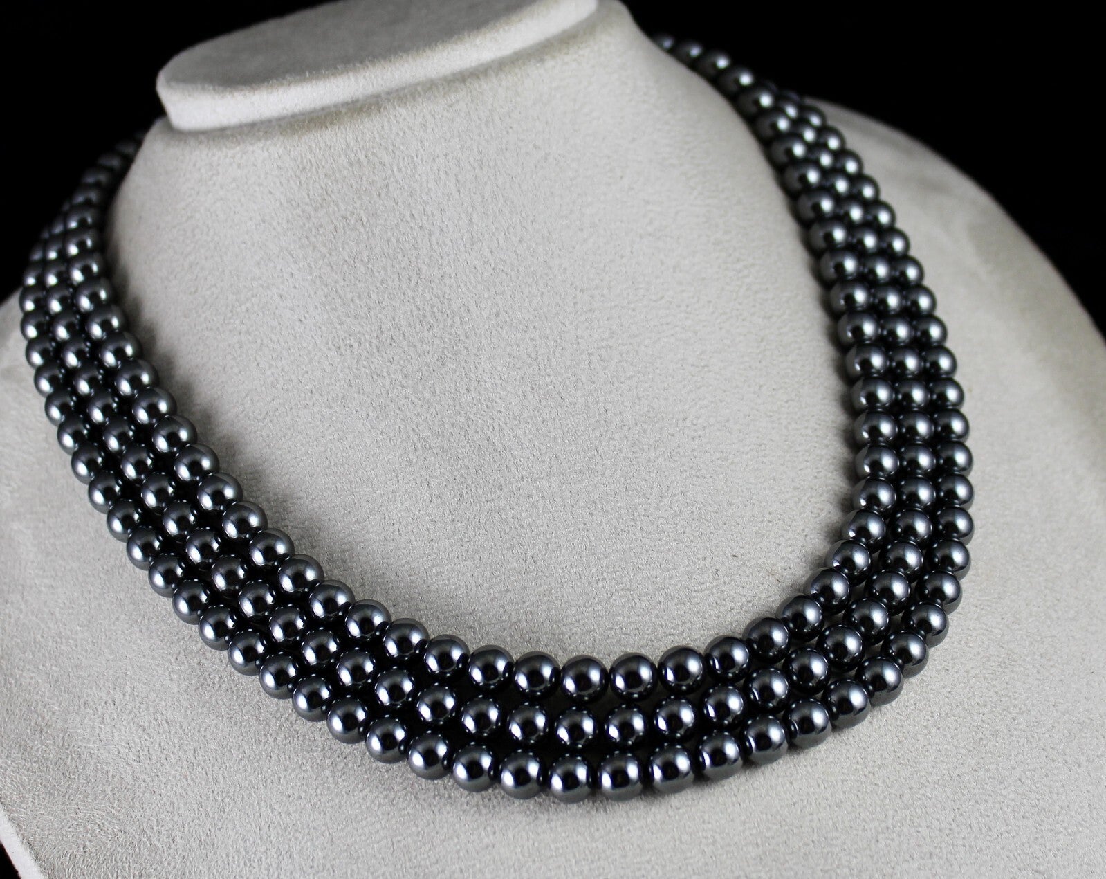 Natural Hematite Beads 3 Line 8mm 1160 Ct Round Black Gemstone Necklace