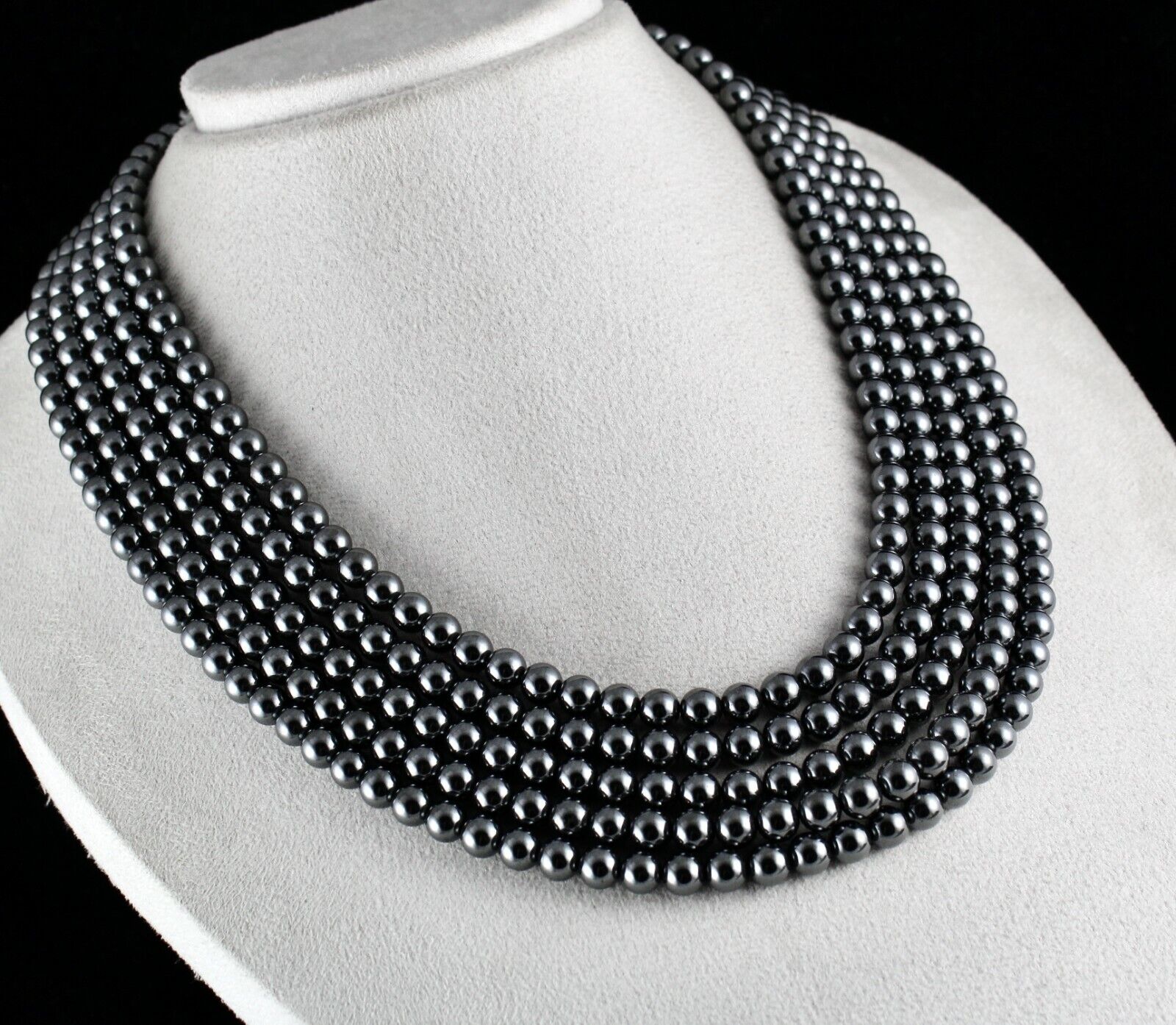 NATURAL HEMATITE BEADS 5 LINE 7MM 1630 CTS ROUND BLACK GEMSTONE FASHION NECKLACE