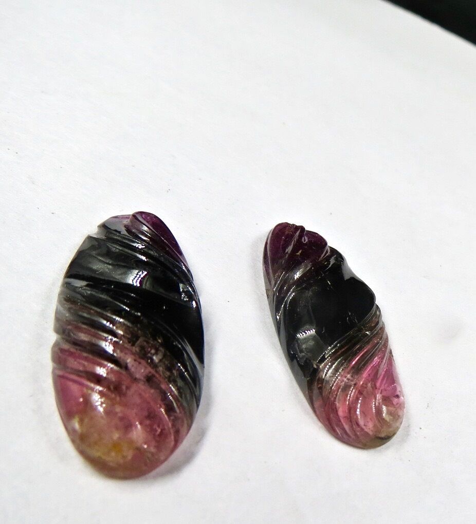 NATURAL MULTI WATERMELON TOURMALINE CARVED PAIR 40 CTS GEMSTONE 32X14MM EARRING