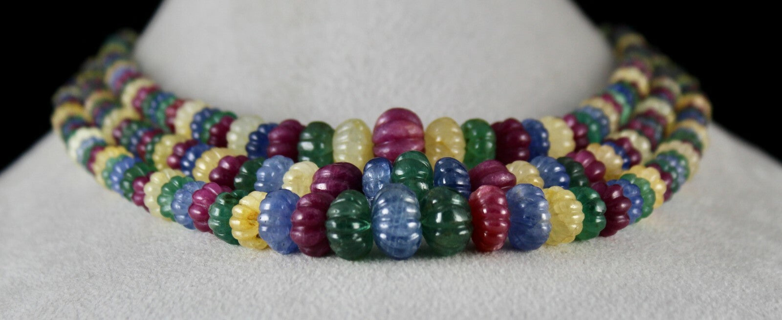 Certified Vintage Carved Emerald Ruby Sapphire Melon 973 Ct Necklace