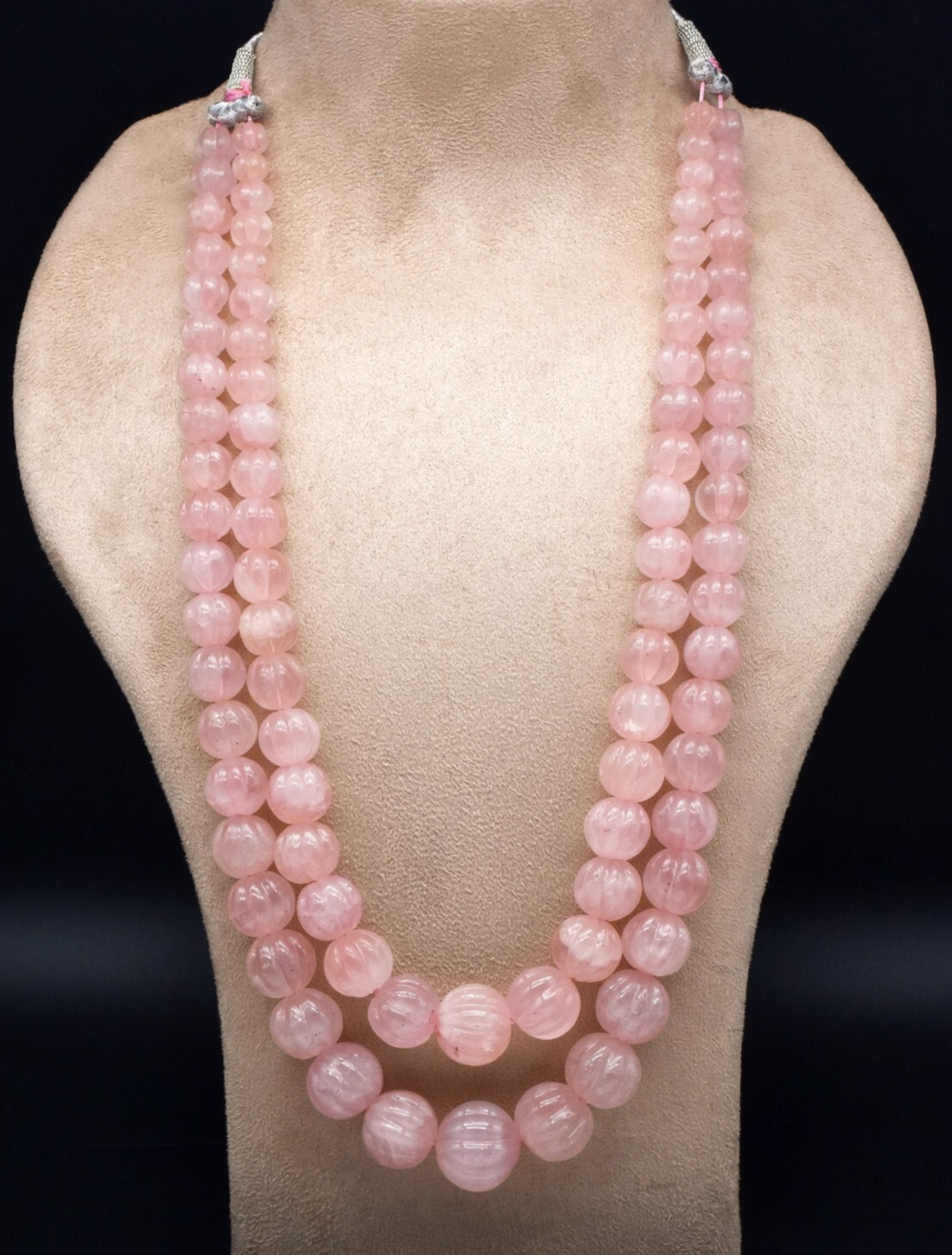 Certified Vintage Rose Quartz 1257 Ct Carved Beads Sterling Silver Necklace