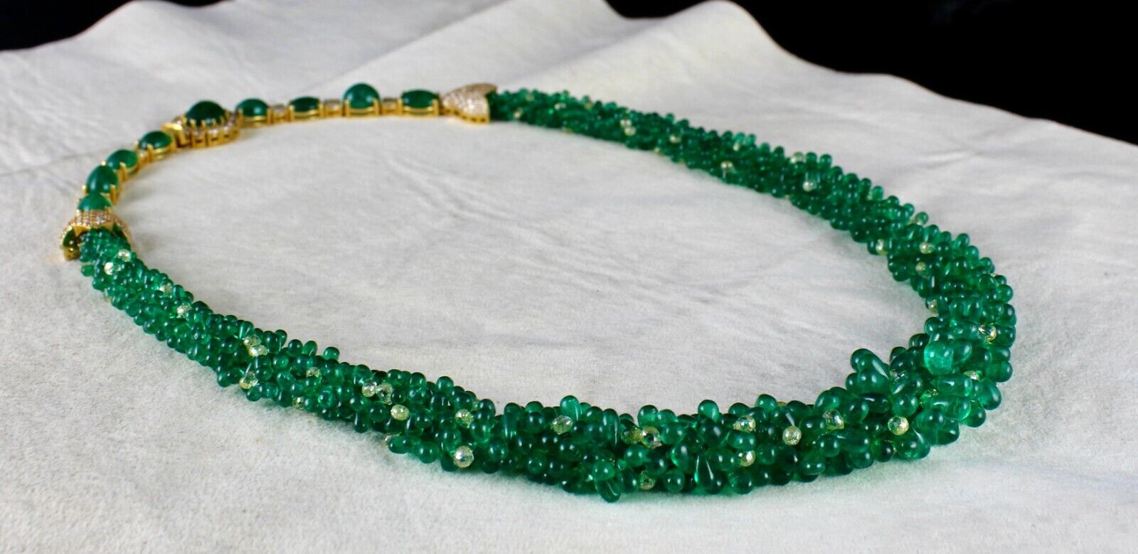 NATURAL ZAMBIAN EMERALD DIAMOND BRIOLETTE CABOCHON 18K GOLD IMPORTANT NECKLACE