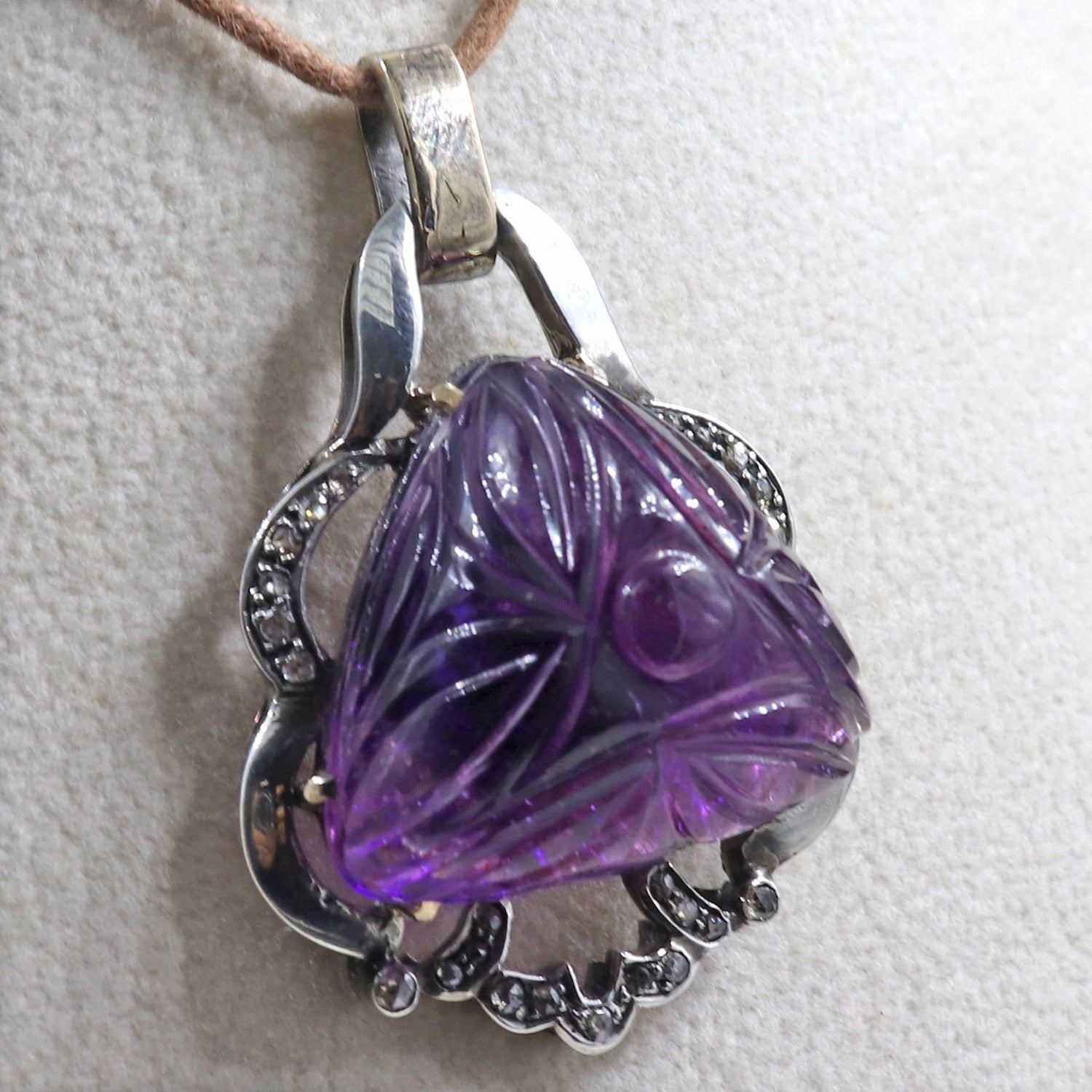 Antique Natural Amethyst 10ct Carved Diamond Victorian Pendant Sterling Silver