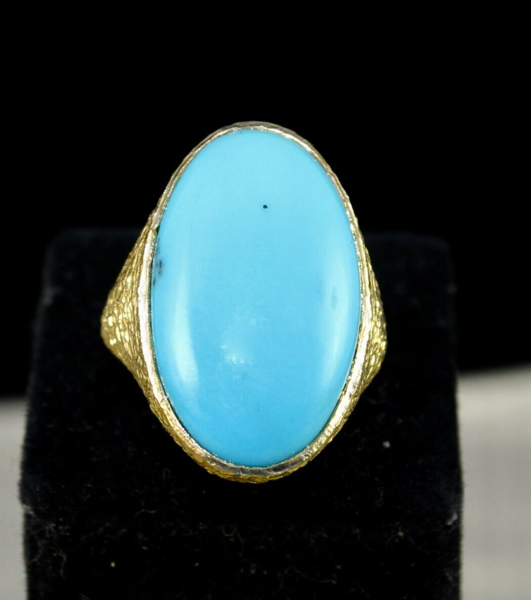 Natural Arizona Turquoise Cabochon Gemstone Engraved 925 Gold Plated Silver Ring