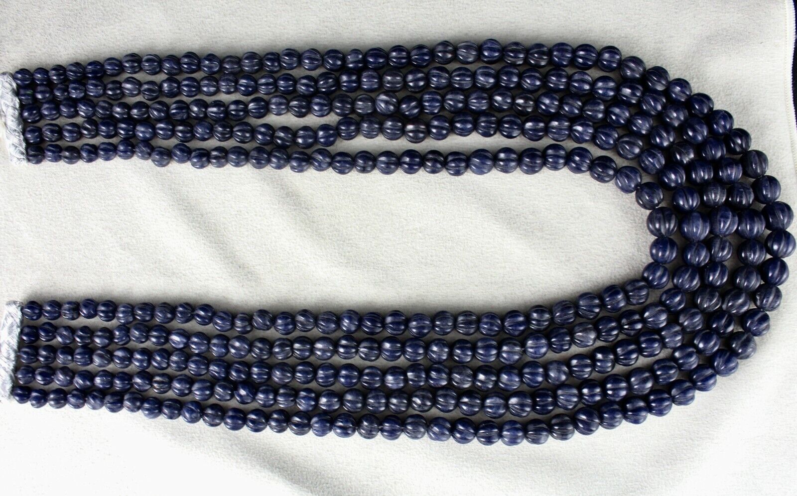 NATURAL BLUE JADE BEADS CARVED ROUND GEMSTONE 5 LINE 1217 CTS FASHION NECKLACE