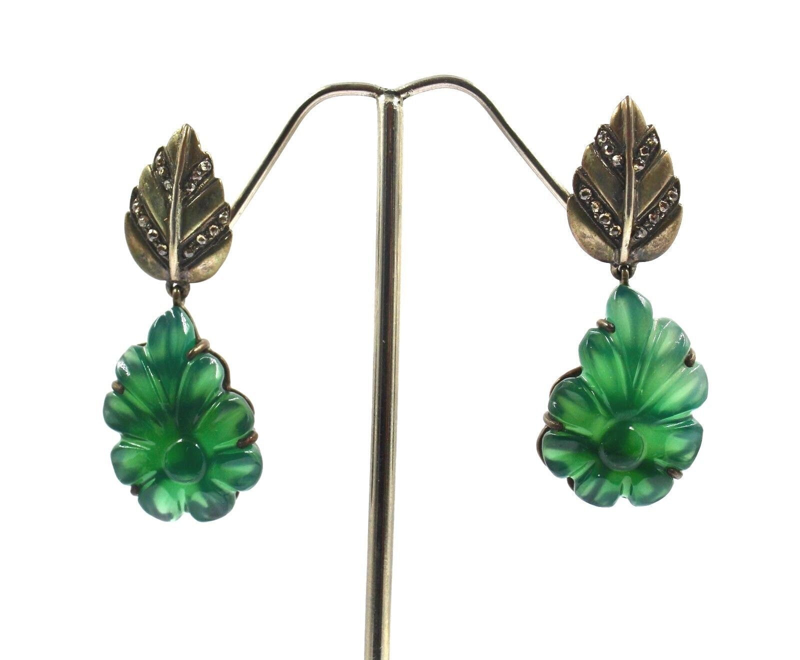 GREEN ONYX CARVED FLOWER GEMSTONE DIAMOND STUDDED IN 925 SILVER DANGLE EARRING