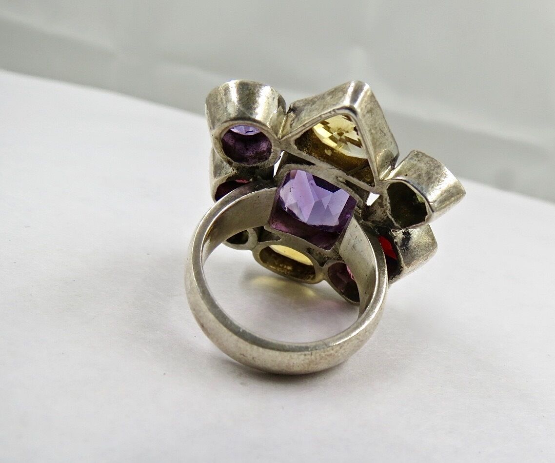 Multi Colour Amethyst Citrine Garnet Peridot Iolite Fancy Silver Cocktail Ring