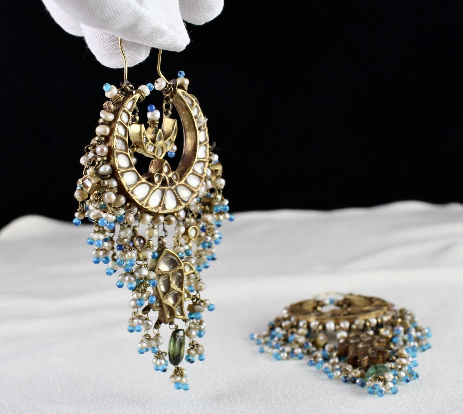 Certified Antique Jadau Chandbali Earrings 22k Gold Gemstone Pearl 10ct Dangle